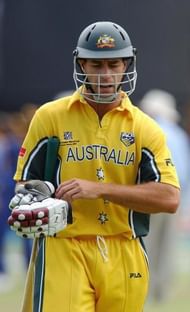 : Australian batsman Michael Bevan walks off after having been dismissed for nought off the bowling of Sanath Jayasuriya